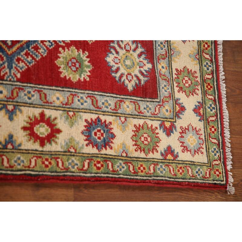 Red Geometric Kazak Oriental Accent Rug Handmade Wool Carpet - 3'6"x 4'9"