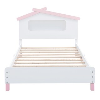 Wood Bed Frame w/ House-Shaped Headboard & Motion Activated Night Lights,White+Pink, Twin
