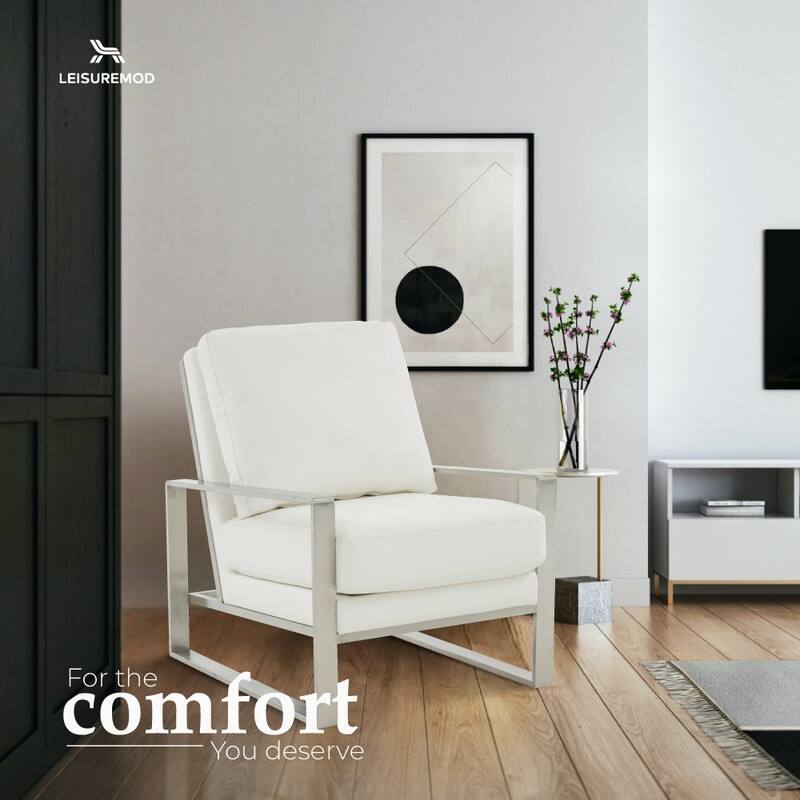 Jefferson Modern Leather Accent Chair with Brushed Silver Frame, Plush Cushions, and Scratch-Resistant for Home or Office - 29.2