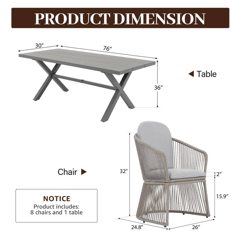 9-Piece Outdoor Dining Set - Weather-Resistant Aluminum Table with X-Leg Stability & PE Rattan Chairs