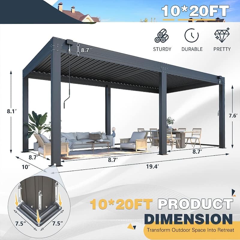 EROMMY Outdoor Louvered Pergola Gazebo with Adjustable Aluminum Rainproof Roof and Pull-Down Screen