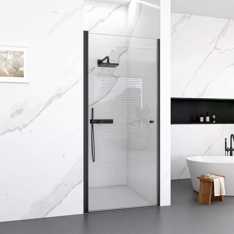 Anmytek Frameless Circular Pivot Shower Door - 1/4" SGCC Tempered Glass, 34W x 72H, Matte Black