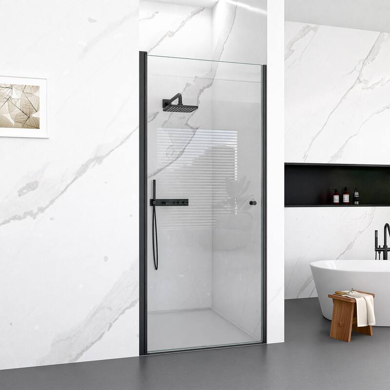 GDFStudio - Modern Semi-Frameless Circular Pivot Shower Door with 1/4" SGCC Tempered Glass, Magnetic Soft Close & Knob Handle