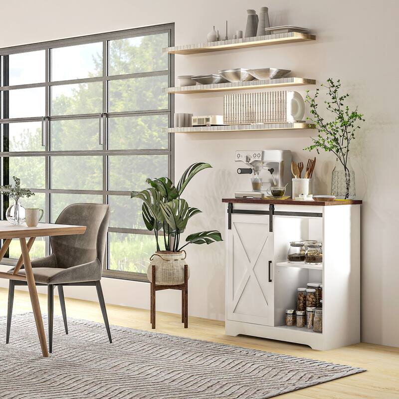 Coffee Bar Cabinet with Sliding Barn Door, Kitchen Sideboard with Storage, Buffet Cabinet with Adjustable Shelf