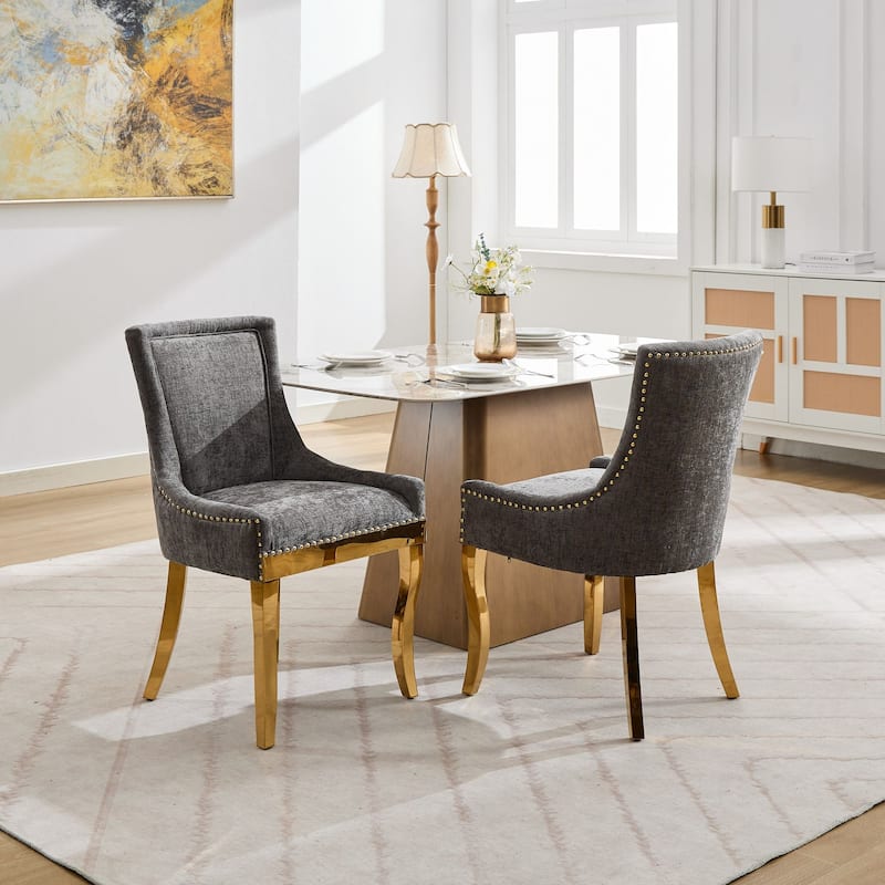 Chenille Dining Chairs, with Curved Gold - Plated Legs & Rivet Trim, Accent Seating with Textured Fabric, Set of 2 - Grey