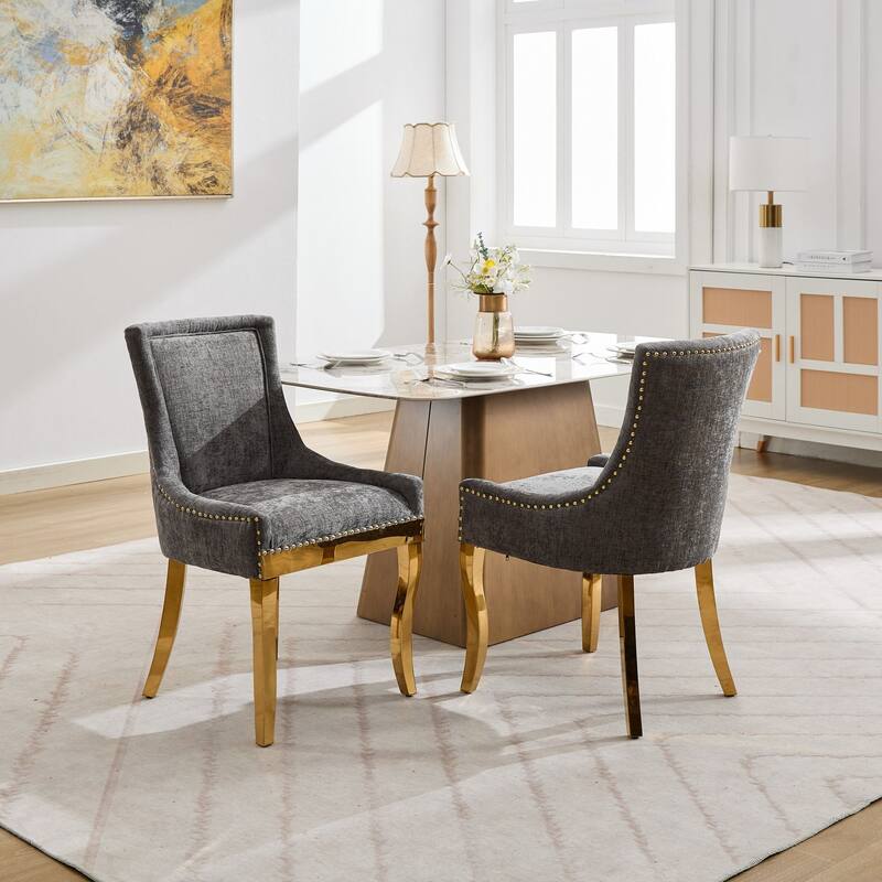 Roomfitters Chenille Dining Chairs Set of 2, Modern Upholstered Accent Chairs with Gold-Plated Legs and Rivet Trim
