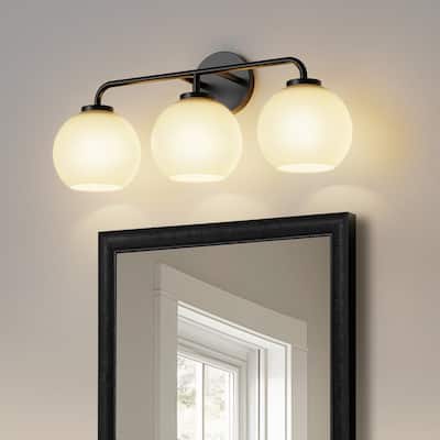 YANSUN 3-Light Black Mirror Vanity Light with Milk White Glass Spheres, E26 Modern Bathroom Wall Light Fixture for Mirror
