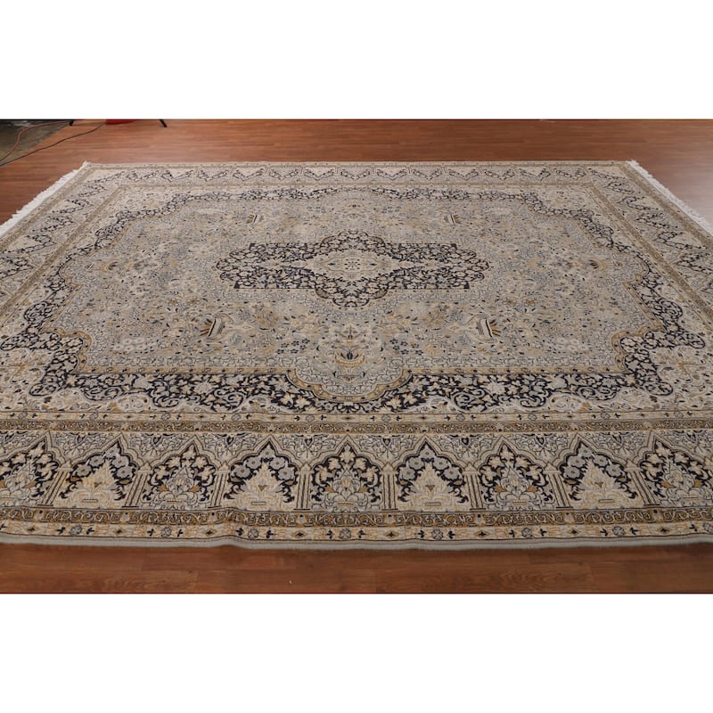Traditional Grey Kashan Turkish Area Rug Machine Made Floral Carpet - 9'9" x 12'11"