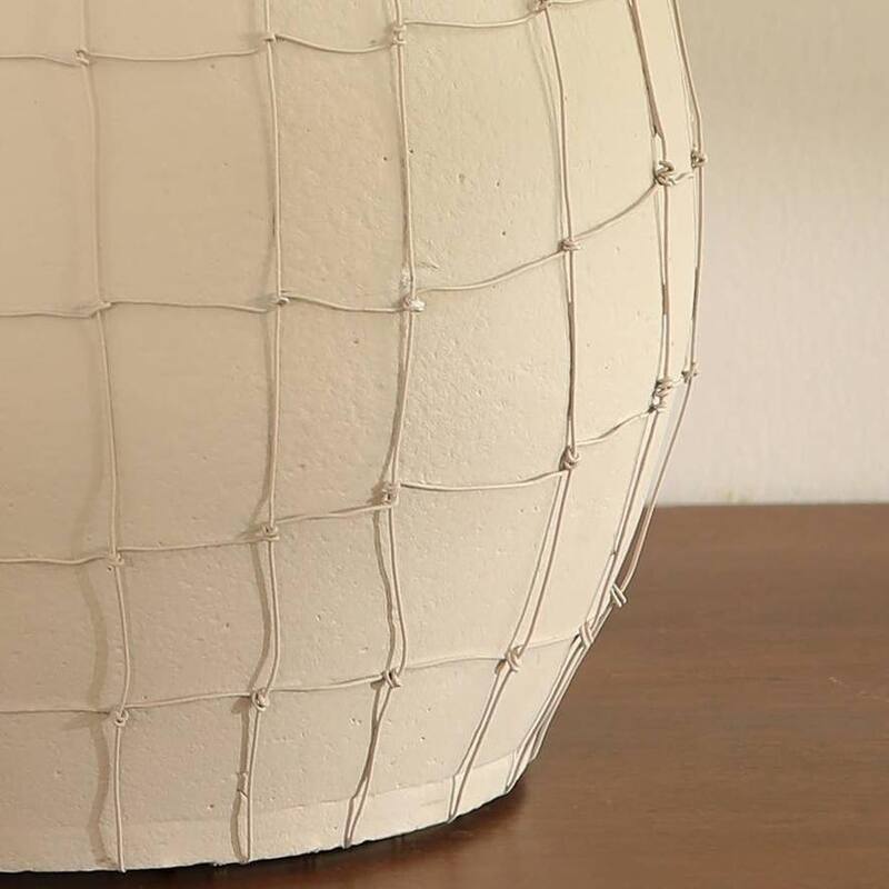 Handmade Off-White Terracotta Vase with Wireframe - Contemporary 11.5x11.5x15.5 Inch Design