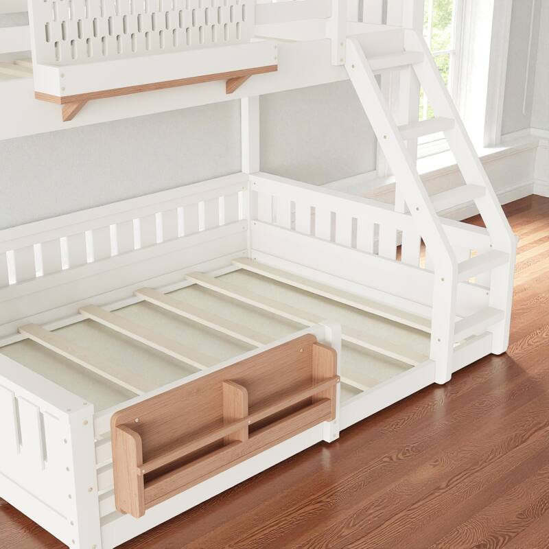 Twin XL over Queen Bunk Bed with Ladder, Guardrails, Pegboard Storage and Built-in Bookshelf, Solid Wood Frame