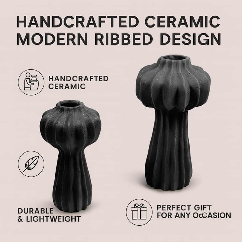 Aria Home Black Ceramic Cactus Inspired Vases Set of Two Modern Decor