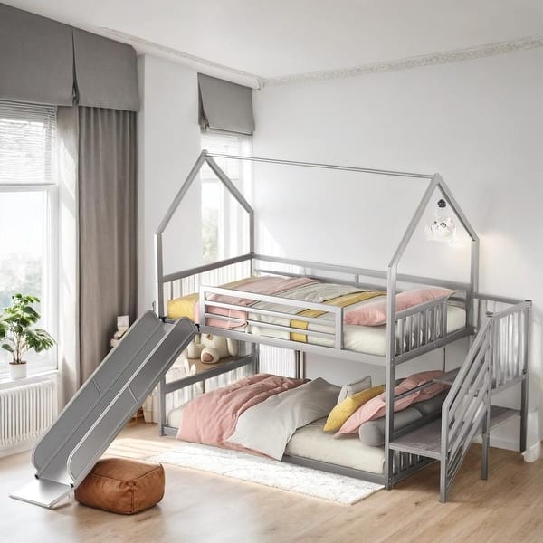 slide 2 of 12, Stylish & Simple Twin Size Metal Bunk Bed House Bed with Convertible Slide and Storage Staircase, Solid Construction, Silver Silver