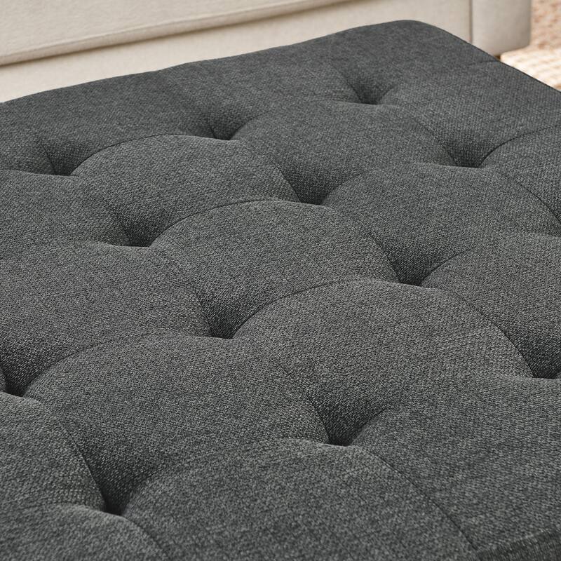Upholstered Coffee Table Tufted Linen Large Square Ottoman with Beech Wood Shelf and Frame,Oversized Footrest Ottoman