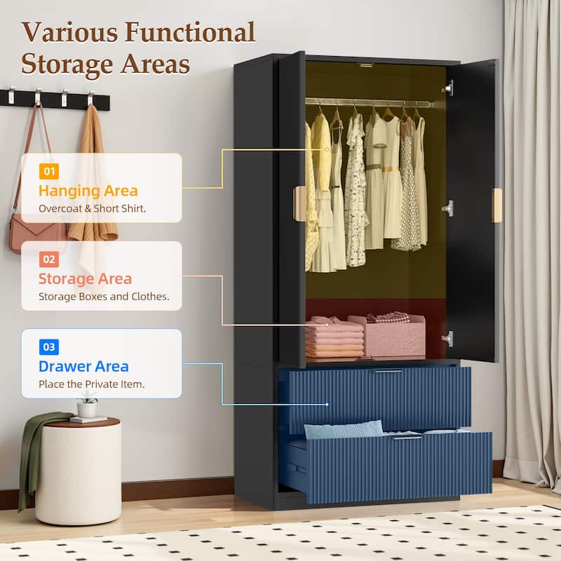 Pocassy 70" H Wardrobe Closet with 2 Doors and 2 Drawers for Bedroom