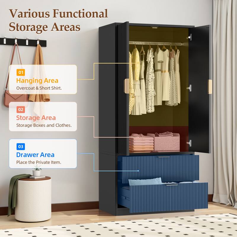 Pocassy 70" H Wardrobe Closet with 2 Doors and 2 Drawers