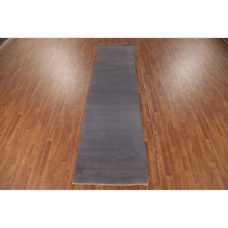 Gray Blue Modern Gabbeh Oriental Runner Rug Handmade Wool Carpet - 3'0"x 11'3"