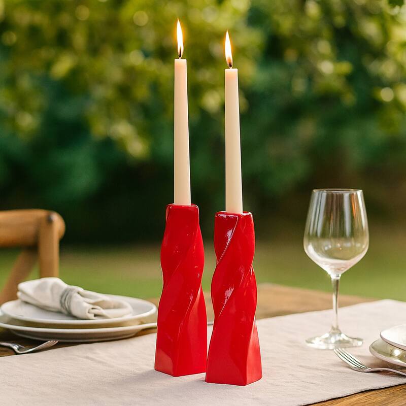 Red Tall Curvy Santa Fe Style Ceramic Candlesticks Set of Two