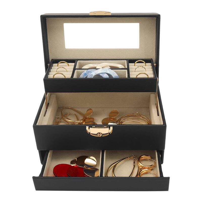 3 Layer Jewelry Box with Mirror for Women, PU Leather Jewelry Organizer Case Storage Display Holder with Drawer - 21x13x12cm