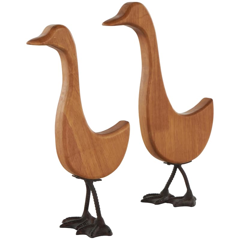Brown Wood Abstract Minimalistic Duck Decorative Garden Sculpture with Black Metal Feet (Set of 2)