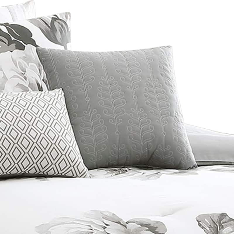 7 Piece Cotton King Comforter Set with Floral Print, Gray and White