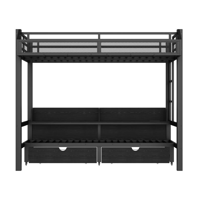 Twin XL over Twin XL Bunk Bed with Lower Bed Converted into Sofa, USB Ports, LED Lights, Storage Shelves and Underbed Drawers