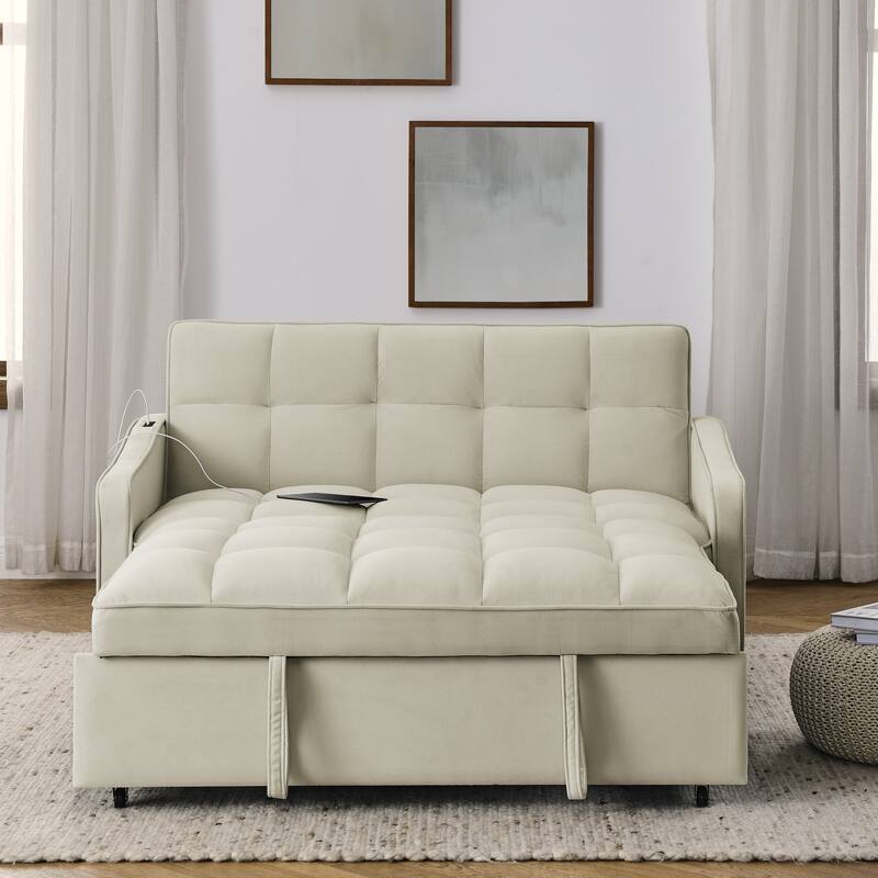Modern 2-seat Sofa Bed with Pull-out Bed, Adjustable Back, Type C and USB Charging
