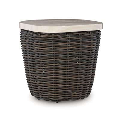Kimo Outdoor Square End Table, Dark Brown Wicker Details, 23 Inch