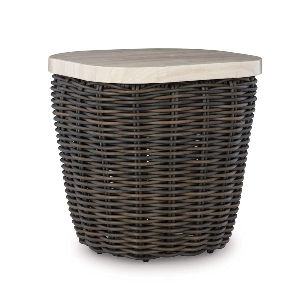 Kimo Outdoor Square End Table, Dark Brown Wicker Details, 23 Inch