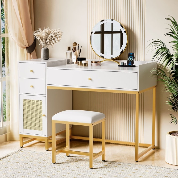 Makeup Vanity Desk with Stools Without Mirror Vanity Table Set with Power Outlet Makeup Table Dressing Table for Bedroom White