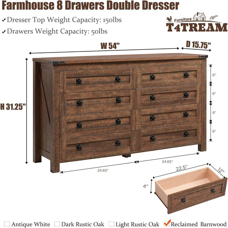 Farmhouse 8 Drawers Wood Dresser Chests, Rustic Chset of Drawers