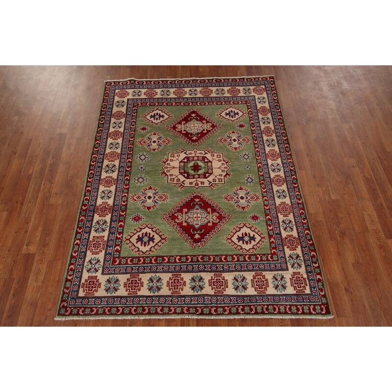 Green Geometric Kazak Area Rug Hand-Knotted Wool Carpet - 4'10" x 6'8"