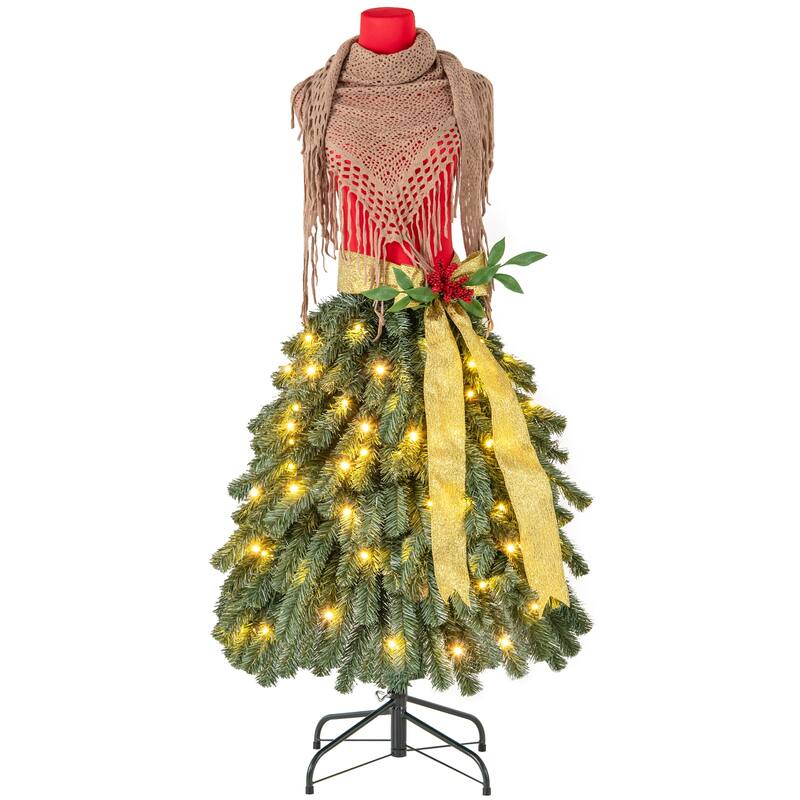 5ft Pre-Lit Mannequin Christmas Tree with 100 LED Lights Red Berries and Gold Ribbon - 5-Ft