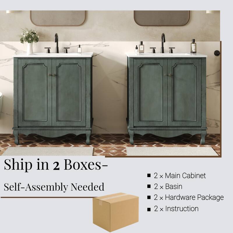 30-Inch Vintage Bathroom Vanity, Rectangle Ceramic Sink, 2 Doors, Solid Wood Legs and Adjustable Shelves