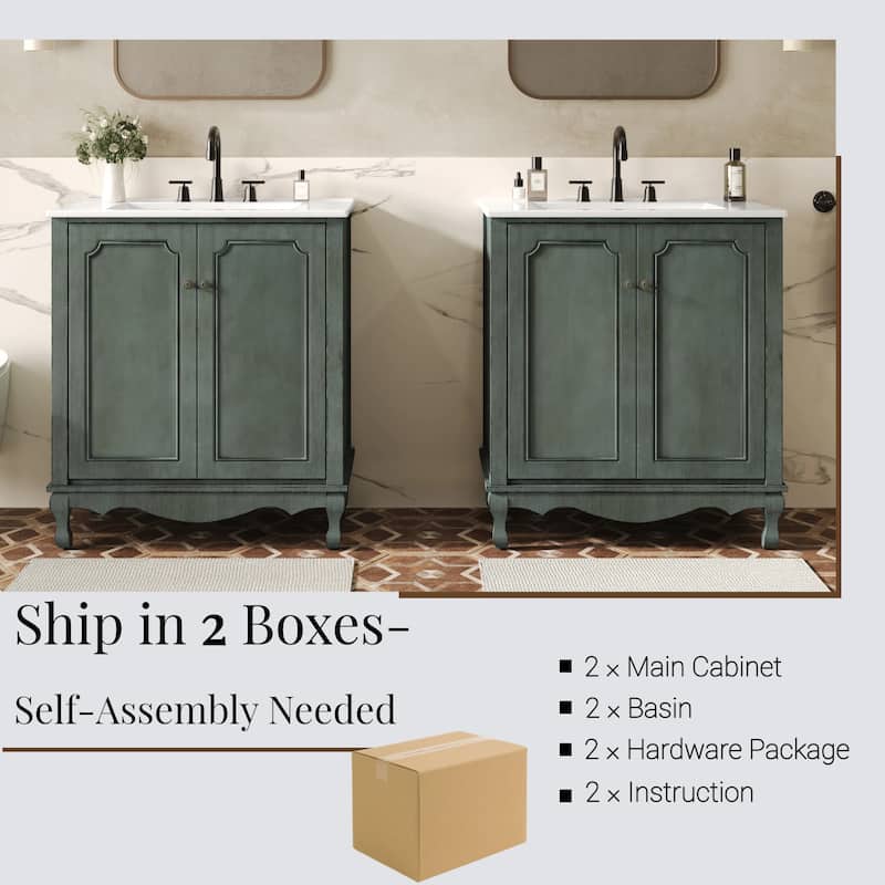 Christopher Knight Home - 30" Vintage Bathroom Vanity with Ceramic Sink & Adjustable Storage Shelves