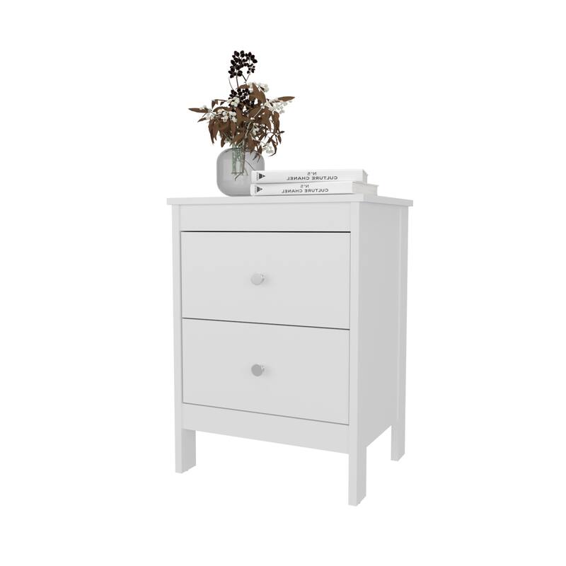 White Nightstand with Two Drawers and Knob Hardware