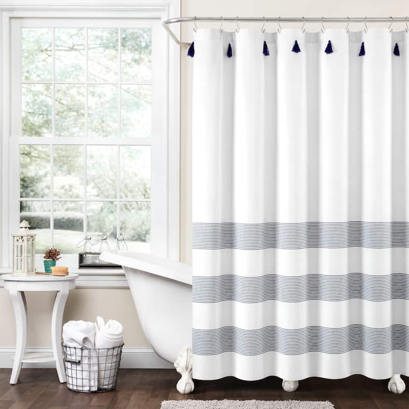 Lush Decor Boho Tassel Stripe Yarn Dyed Eco-Friendly Recycled Cotton Shower Curtain Single - Navy/White