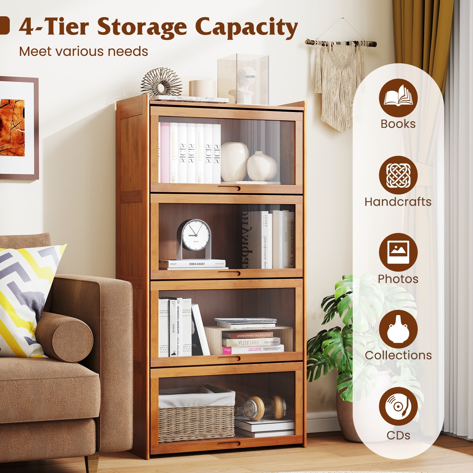 トラックファニチャー QUATTRO BOOKSHELF Gymax 4-Tier Bamboo Bookshelf w/Doors See-through Acrylic Doors