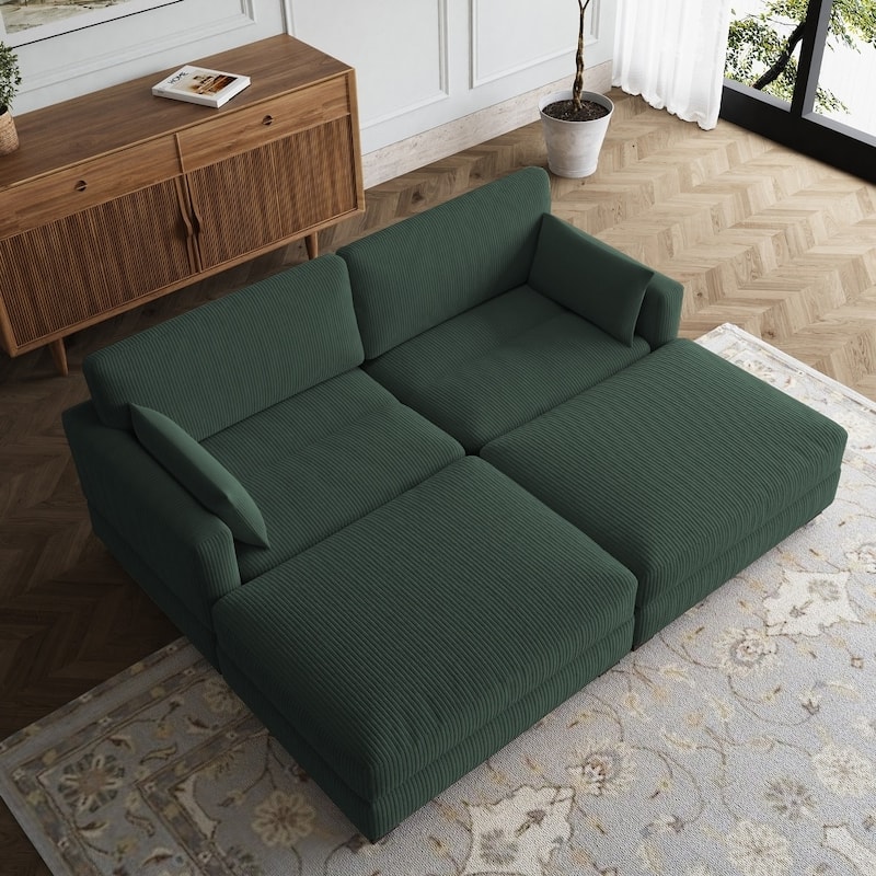 Modern Corduroy Modular Couch Sectional Sofa With Pillows - Hunter Green - Symmetrical