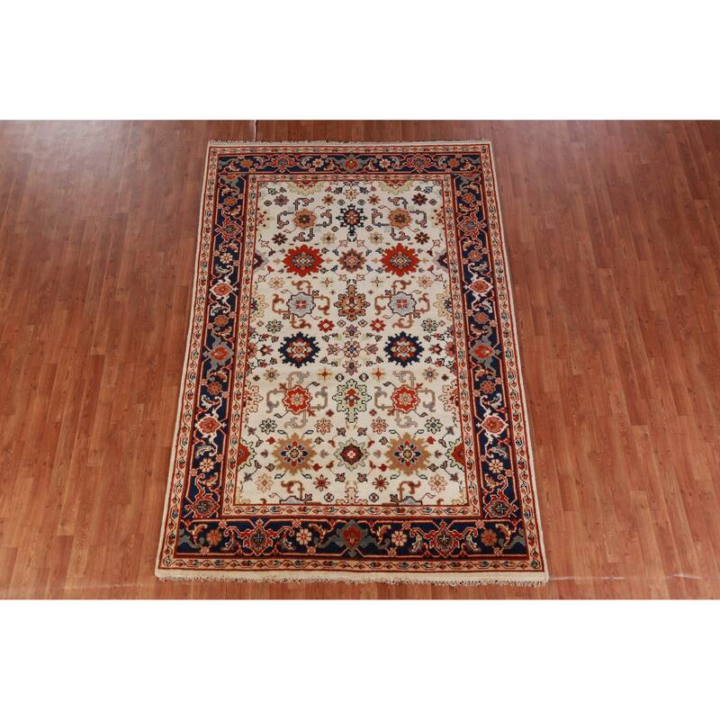 Hand Knotted Oriental 100% Wool Carpet Traditional Geometric Beige & Ivories Heriz (serapi) Area Rug - 9' 1'' X 6' 0''