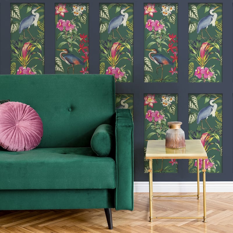 Fine Decor Silas Dark Blue Tropical Panel Wallpaper - N/A