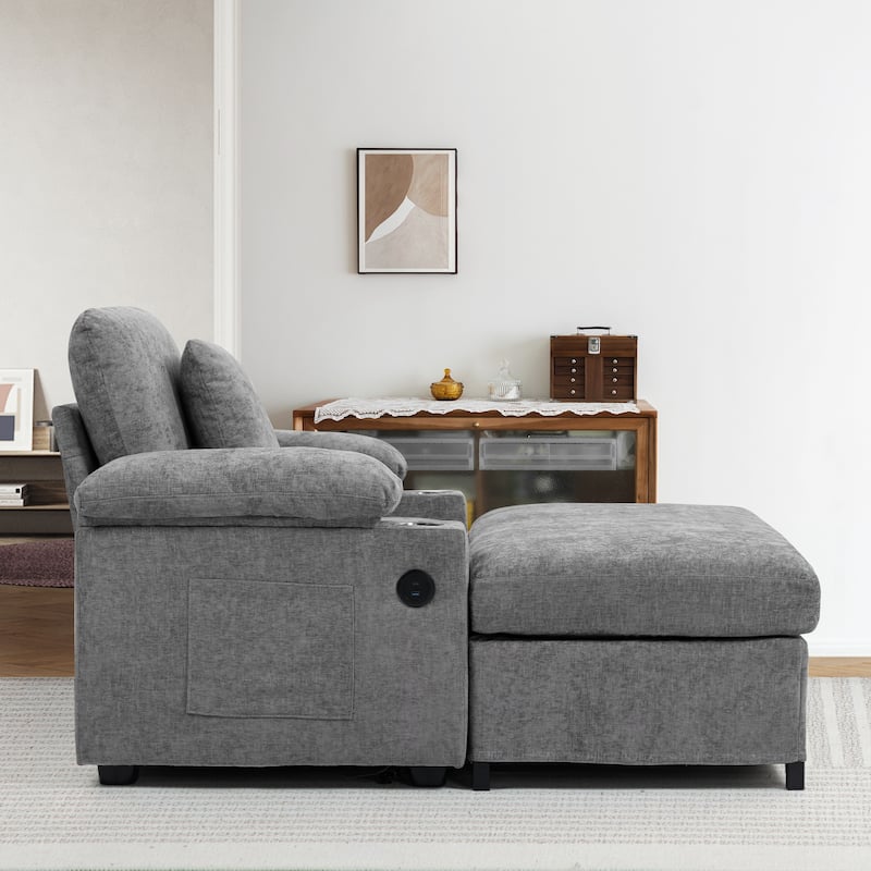 Modern Oversized Chaise Lounge Chair with Ottoman, Chenille Fabric Sofa Bed, Single Accent Chair with Cupholders, USB Ports