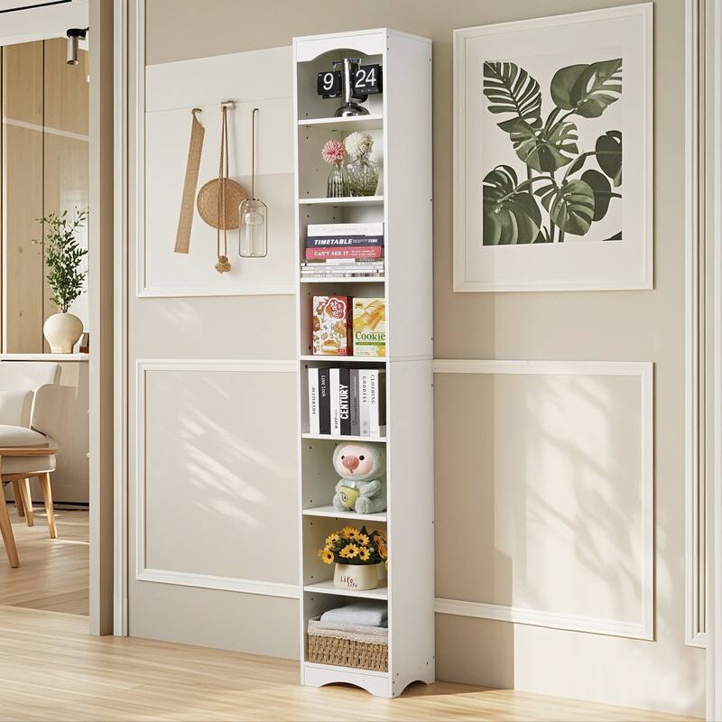 VECELO Tall Narrow Bookshelf with Adjustable Shelves Slim Vertical Storage Cabinet with Moisture-Resistant Base for Home Office