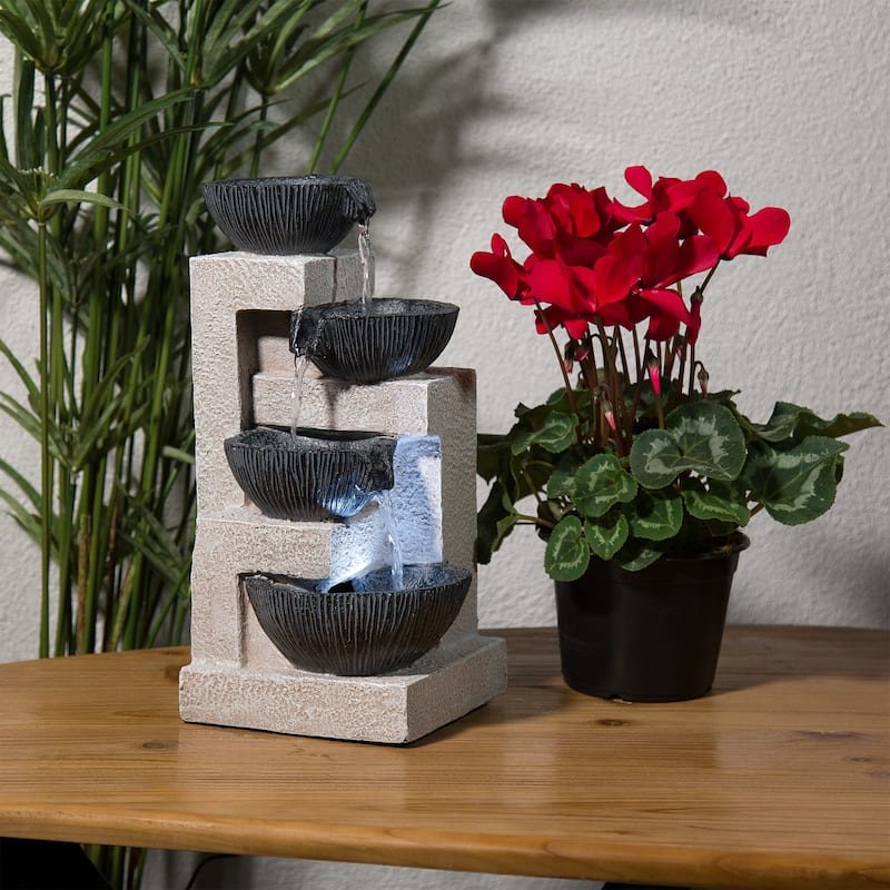Alpine Corporation 14" Tall Cascading Tabletop Bowl Fountain Decoration with LED Lights, Gray