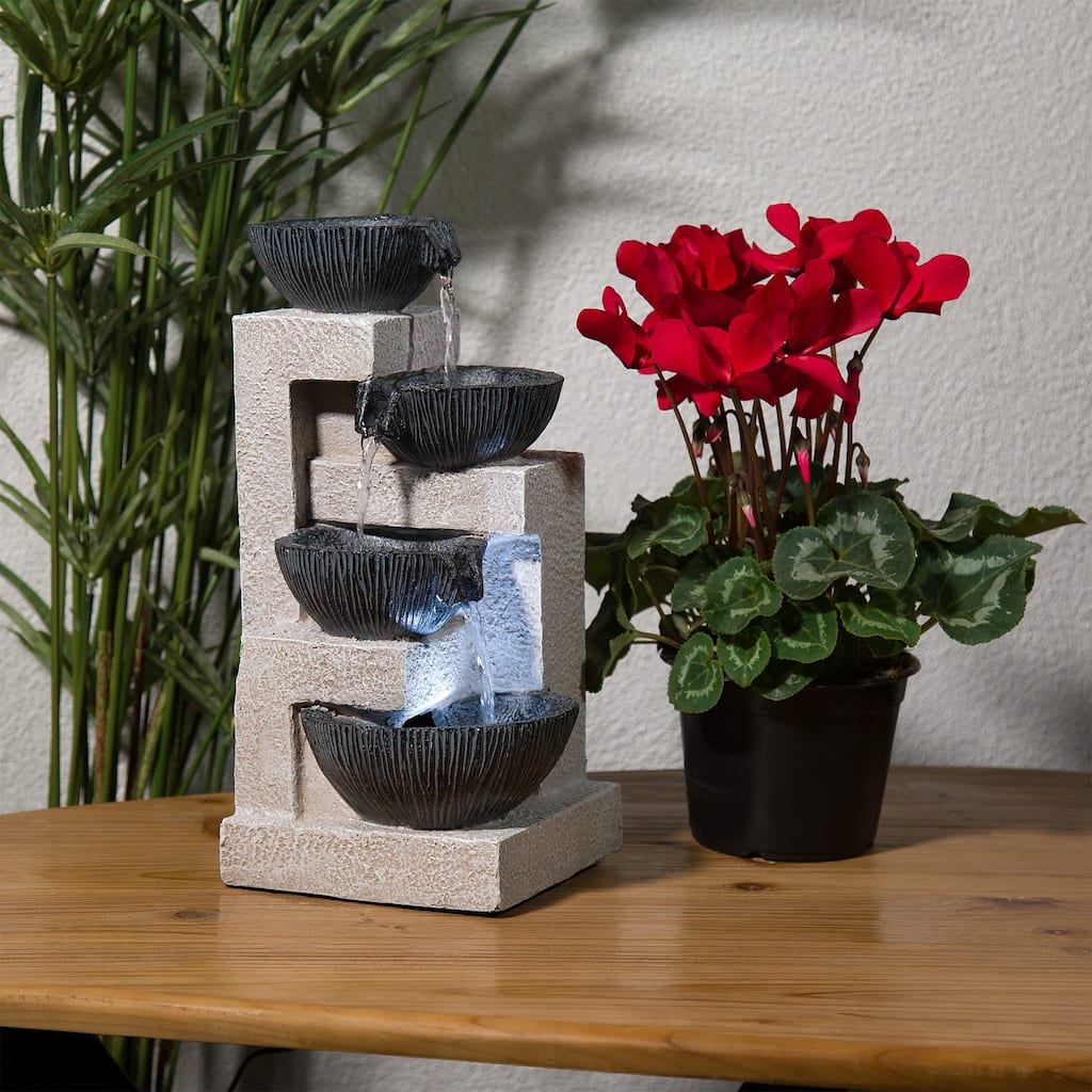 Alpine Corporation 14" Tall Cascading Tabletop Bowl Fountain Decoration with LED Lights, Gray