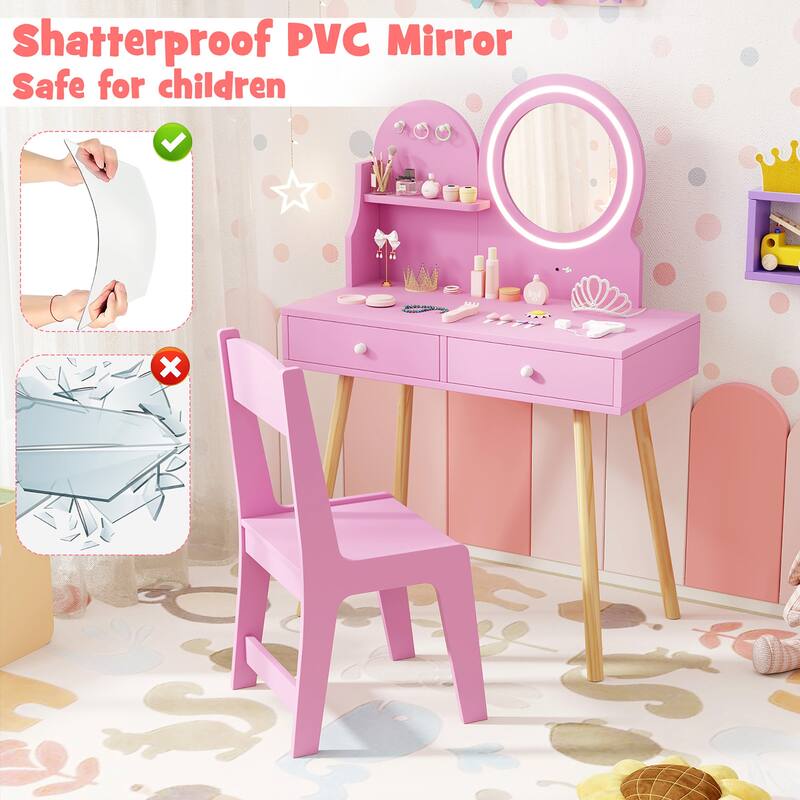Gymax Kids Vanity Set w/ Lighted Mirror Princess Makeup Dressing Desk