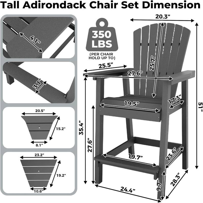 2-Pack Adirondack Bar Stools High-Back Outdoor Patio Chairs with Cup Holder Tray