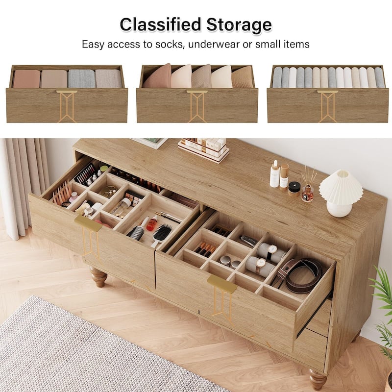Walnut and Gold Wooden 6 Drawer Dresser with Vintage Pattern Design, Modern Chest Dresser