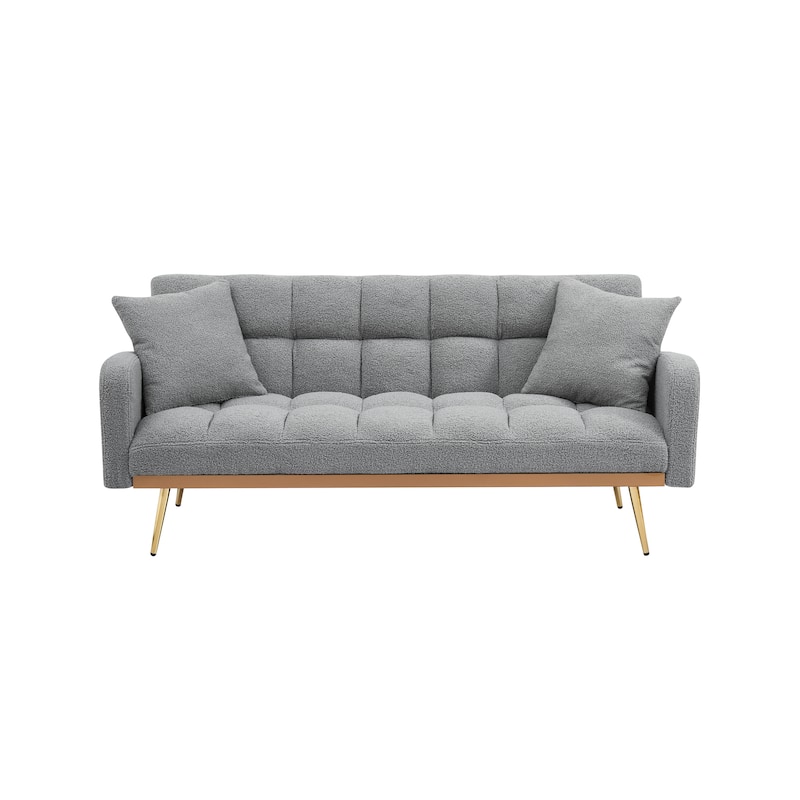 Futon Sleeper Sofa Bed Teddy Fabric Lounge Couch with 3 Speed Adjustable Back, Removable Armrest and Pillows for Small Space
