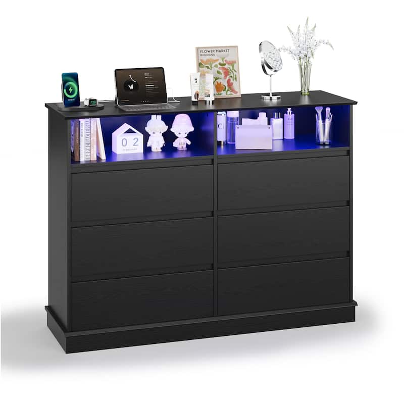 6 Drawer Dresser with LED Lights & Charging Station, Modern Chest of Drawers with Open Shelf