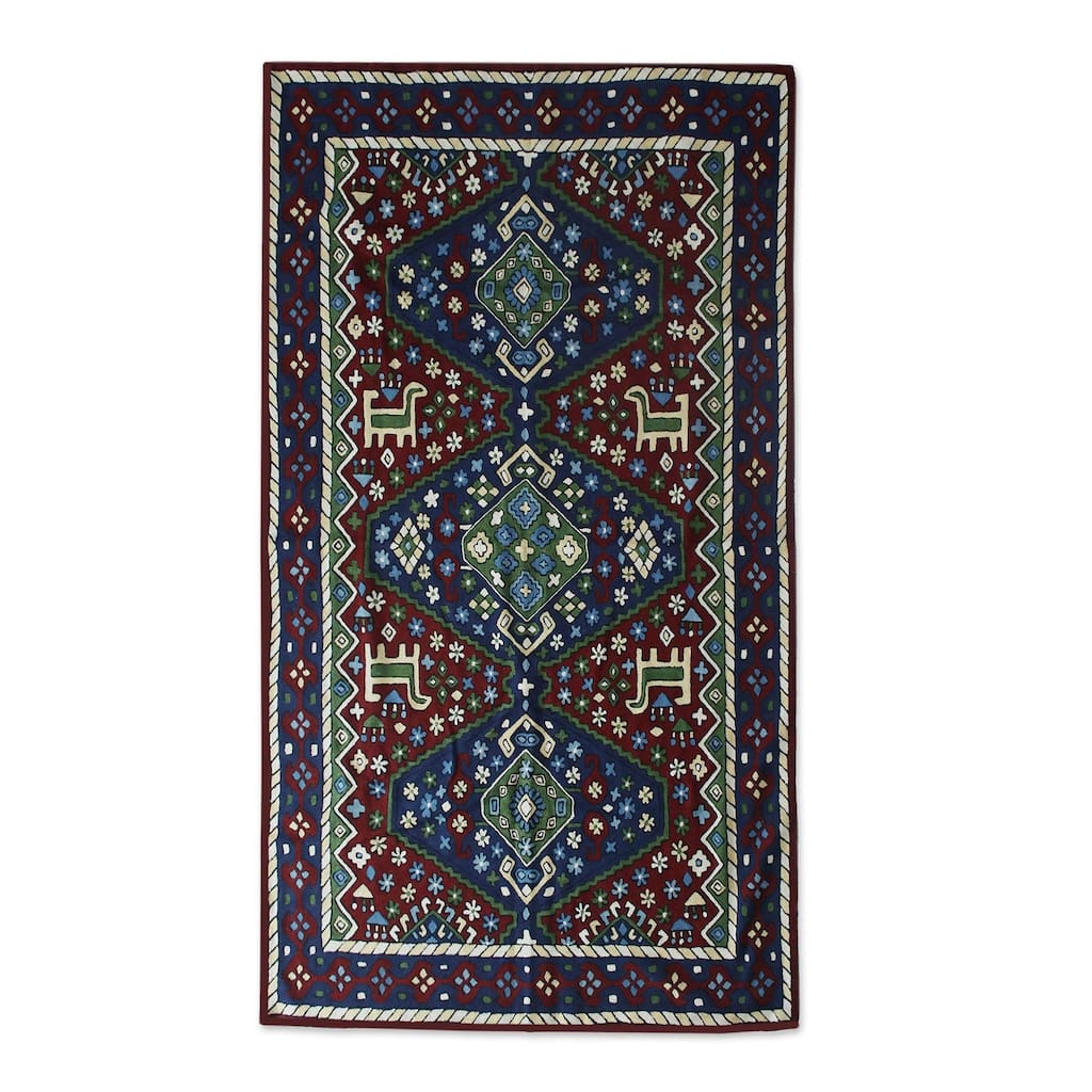 Wool chain stitch rug, 'Kashmir Festival' (3x5) - 3' x 5'
